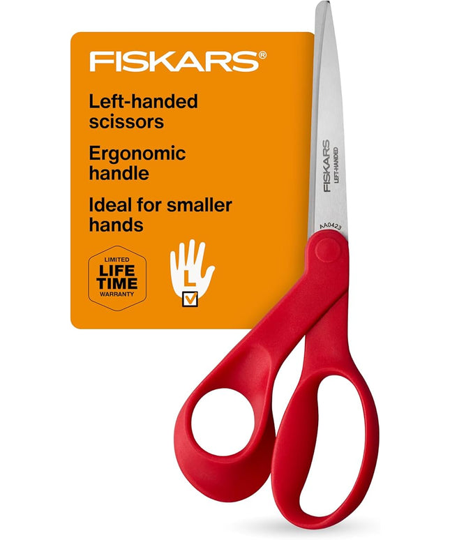 Fiskars Petite Left Handed Scissors, Crafting and Sewing Stainless Steel Scissors for Smaller Hands, Ergonomic Handle, Paper and Fabric Supplies for Office, Arts, and Crafts, Red