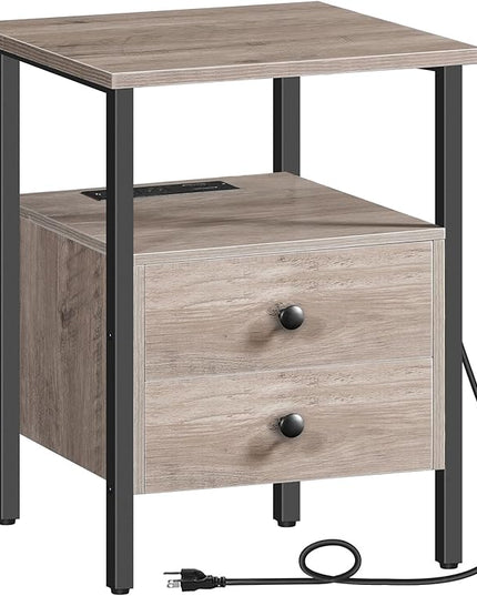 HOOBRO End Table with Charging Station, Bedside Table with 2 Drawer & USB Port & Type-C Port, Nightstand for Small Spaces, Stable and Sturdy, for Living Room, Greige and Black BG43UBZ01