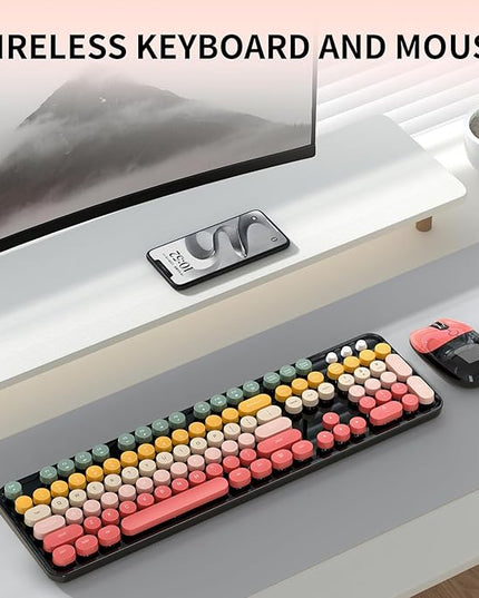 Wireless Keyboard and Mouse, MOFII 104 Round Keycaps Retro Typewriter with OTG & Brush, Full-Size Ergonomic, Ideal for Windows PC, Home, Office and College Rainbow Red