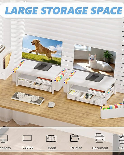 OPNICE Desk Organizers and Accessories, 2-Tier Computer Monitor Stand Riser with Drawer and 2 Pen Holders, Laptop Stand, Office Desk Accessories for Office Supplies, White
