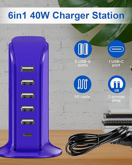 iPhone Charger Fast Charging Upoy, Multi Device USB Charging Station, 6 Ports USB Blocks, Power Adapter 1 USB C + 5 USB A Ports, Kawaii Electronics Accessories, Essentials for Travel, Vacation, Home