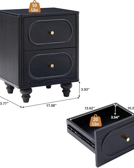 2 Drawer Fluted Mini Small Dresser for Bedroom Set of 2, Mid Century Modern Nightstand Bedside End Table, Wood Storage Dresser Organizer for Bedroom Living Room, Black