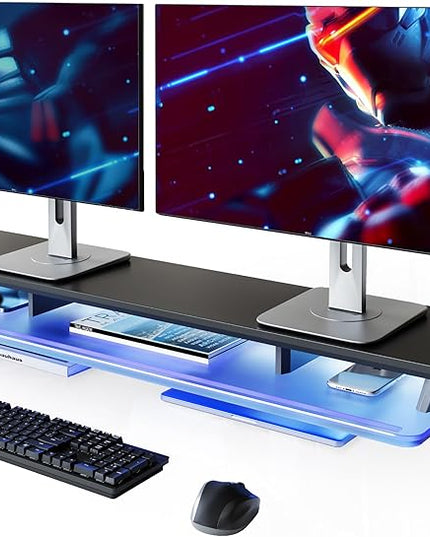 Fenge Dual Monitor Stand, 2 Tiers Acrylic Monitor Riser with LED Lights, 42.5 Inch Wood and Aluminum Desk Shelf with Phone and Tablet Holder