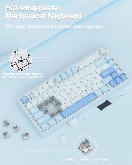 AULA F75 75% Wireless Mechanical Keyboard, Hot Swappable Creamy Keyboard, Pre-lubed Greywood Switches RGB Backlit Gaming Keyboards, 2.4GHz/Type-C/BT5.0(Salt White Blue)