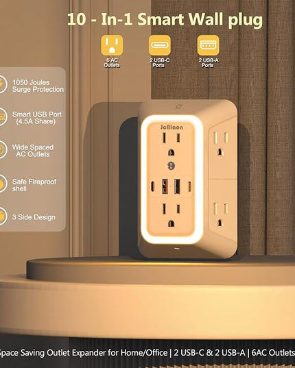 Wall Outlet Extender with Night Light, Power Plug Adapter Multi Plug Outlet Surge Protector with 4 USB Charging Ports (2 USB C), Adapter Spaced Outlets for Home Travel Office