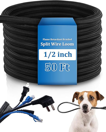 Pangda 50ft Split Wire Loom Tubing Flame Retardant Braided Cable Sleeve Split High Temperature Cable Conduit Auto Wire Conduit for Industrial Electrical Tinsel Automotive Marine(50 Ft, 1/2")