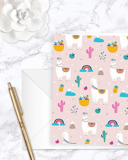 Llama Note Cards / 24 Adorable Animal All Occasion Greeting Cards With White Envelopes / 3 1/2" x 4 7/8" Desert Birthday Party Cards / Alpaca Thank You Note Card Set / 6 Cinco De Mayo Fiesta Designs