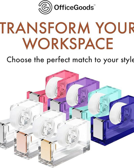 OfficeGoods Acrylic Tape Dispenser – Modern Desk Organizer for Office Supplies – Heavy Duty Refillable Tape Holder for Home and School Crafting – Stylish Desktop Accessory for Gift Wrapping, Rose Gold