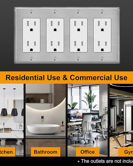 BESTTEN 4-Gang Decorator Metal Wall Plate with Plastic Film, Standard Size, H4.53" x W8.23", Decor Stainless Steel Outlet Cover, Silver