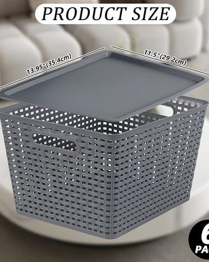 6 Pack Plastic Storage Bins with Lids, Stackable Storage Baskets with Handles, Large Organizer Bins for Desk, Shelves, Office, Plastic Container Bins for Pantry Organizers and Storage, Grey