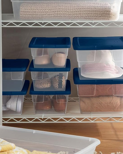 Sterilite Stackable 6 Quart Clear Home Storage Box with Handles and Blue Lid for Efficient, Space Saving Household Storage and Organization (30 Pack)
