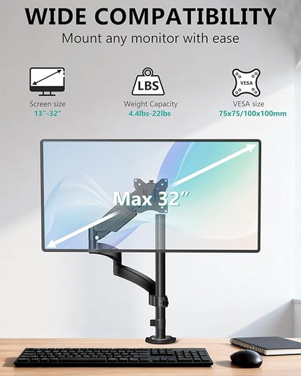 WALI Single Long Monitor Arm - 13 to 32 inch Computer Monitor Arm Desk Mount, Hold up to 19.8lbs, Extra Long Adjustable Stand, Full Motion Tall Arm, VESA 75/100mm, (GSDM001L)