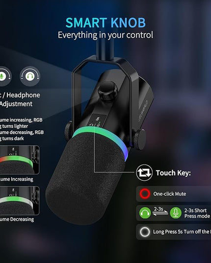 FEELWORLD PM1 XLR USB Dynamic Microphone Gifts for Podcast Recording PC Computer Gaming Live Streaming Vocal Voice-Over, Studio Metal Mic with Voice-Isolating, RGB Light, Mute Button, Headphones Jack