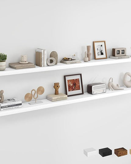 Dreamland 72Inch Floating Shelves for Wall, Rustic Wooden White Floating Shelves for Living Room, Kitchen, Farmhouse, Deep Wall Mounted Book Shelf, Wood Storage Display Shelf for Home Decor, Set of 2