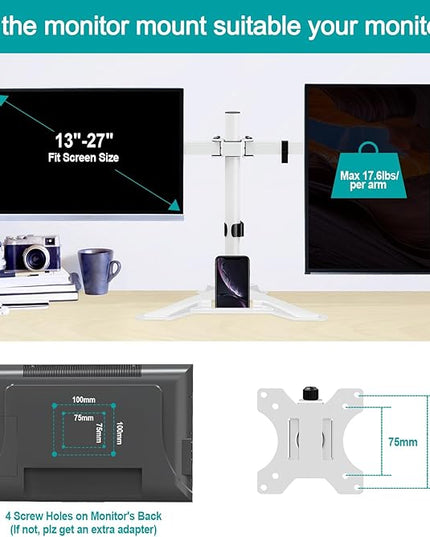 MOUNT PRO Dual Monitor Stand, Free-Standing Full Motion Monitor Desk Mount Fits 2 Screens up to 27 inches,17.6lbs with Height Adjustable, Swivel, Tilt, Rotation, VESA 75x75 100x100,White