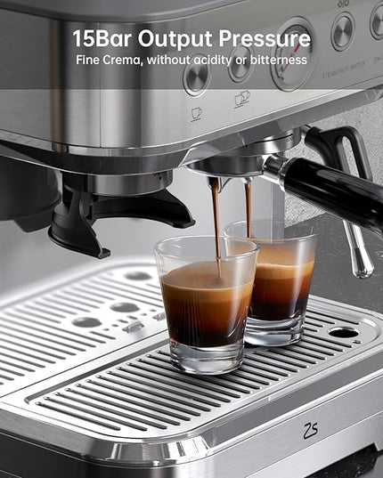 IDEALHOUSE Espresso Machine 3-in-1, Built-in Grinder and Milk Frother, Stainless Steel, 20 Bar Latte and Cappuccino Espresso Coffe Machine w/Automatic Milk Frothe & 95 Oz Water Tank for Office Cafe