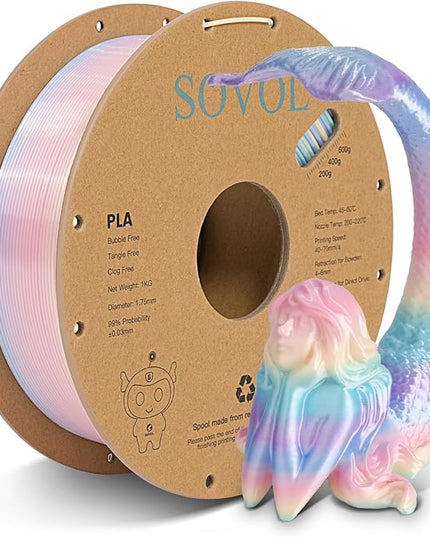 Sovol 3D Printer Silk Shiny Multicolored Gradient Fast Change Rainbow PLA 1kg (2.2 lbs) Spool 3D Printing Materials, Dimensional Accuracy +/- 0.03 mm, 1.75 mm