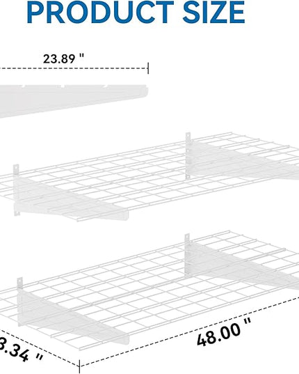 2-Pack 2x4ft Garage Wall Shelving, 24"x48" Shelf Storage Rack Floating Shelves Wall Mounted, Heavy Duty Storage Shelves, 800lbs Load Capacity, with 8 Hooks for Garage Organization, White