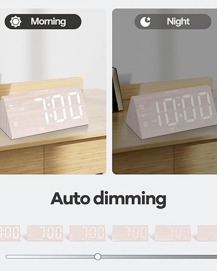 Digital Alarm Clock, with Wooden Electronic LED Time Display, 3 Alarm Settings, Humidity & Temperature Detect, Wood Made Electric Clocks for Bedroom, Bedside, Desk (White-Big Bold)