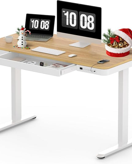 SANODESK Standing Desk with Drawer, Electric Height Adjustable Home Office Desk with Storage & USB Ports, 48 inch Maple Wood Tabletop/White Frame