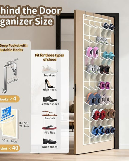 Over the Door Shoe Organizer with 40 Large Pockets, Multi-Purpose Storage for Shoe and Accessories, Durable Fabric with Adjustable Hooks for Home Closet Bedroom Entryway -Beige