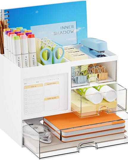 Marbrasse Desk Organizer with 3 Drawer, Multi-Functional Pencil Pen Holder for Desk, Desk Organizers and Accessories with 4 Compartments, Desktop Organizer Storage for Office Home Art Supplies (White)