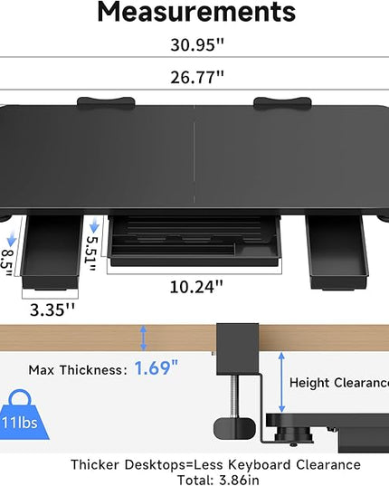 Keyboard Tray Under Desk with Storage Drawer Large C-Clamp 26.7”(31” Including Clamps) x 11.8” Slide-Out Platform Computer Drawer Pull Out Keyboard & Mouse Tray DSF7CT