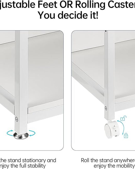4 Tier White Printer Stand Table with Adjustable Shelves, Movable Printer Shredder Stand with Wheels for Home Office Storage and Organization, Rolling Cart for Computer Tower CPU