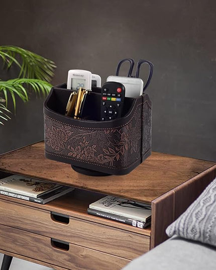 Antique Leather Remote Control Holder 360 Degree Spinning,Desk Rotating Organizer/Caddy for TV Remote Controllers,Pen,Calculator Media Player,DVD,Office Supplies,Mobile Phone Storage Box (Retro)