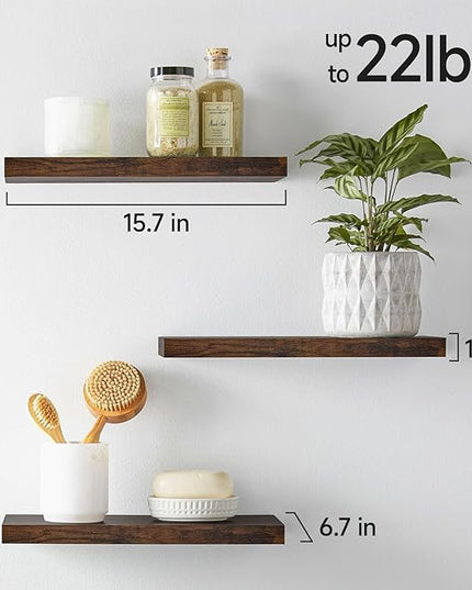 BAYKA Floating Shelves Bathroom for Wall – Shelf Over Toilet Farmhouse Rustic Wood for Bedroom, Kitchen, or Living Room Decor Organization Display Shelving – Rustic Brown, Set of 3