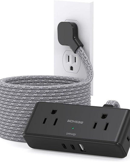 Extension Cord 15 ft, BESHON Flat Plug Power Strip, Long Power Strip, 4 Widely Outlets with 3 USB Ports (2 USB C), Extension Cord with Multiple Outlets for Home, Office, Dorm Room Essentials, Black