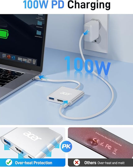 Acer USB C to HDMI Adapter, 4K USB C Hub with 100W PD, USBA 3.0 Port, HDMI to USBC Multiport Digital AV Converter for MacBook Pro/Air, iPad, Tablets, TV, Monitor and More (Silver)