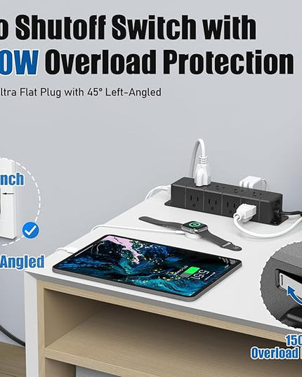 45W USB-C Fast Charging Under Desk Power Strip,12 Outlet Mountable Power Strip with 4 USB,1200J Surge Protection,10FT Flat Extension Cord Black
