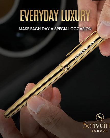 Scriveiner Personalized Gold Fountain Pen - Stunning Luxury Pen, Real Gold Plating, Schmidt Ink Refill, Best Engraved Fountain Pen Gift Set for Men & Women, Custom Name Engraving