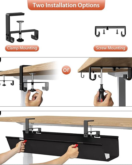 Univivi No Drill Under Desk Cable Management Tray, 36" Cord Organizer for Table, Clamp/Screw Mount Desk Cable Management, Premium Fabric Cable Management Tray for Office, Home