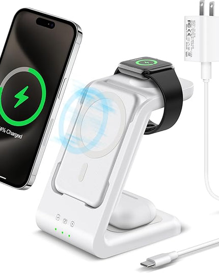 3 in 1 Wireless Charging Station: 5000mAh Removable Power Bank Charger Stand for Phone/Watch/Air Pods - Portable Magnetic Battery Pack for Air 17 16 15 14 13 12 Series White