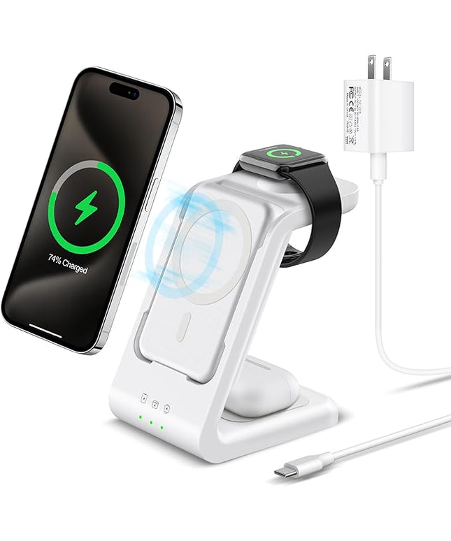 3 in 1 Wireless Charging Station: 5000mAh Removable Power Bank Charger Stand for Phone/Watch/Air Pods - Portable Magnetic Battery Pack for Air 17 16 15 14 13 12 Series White