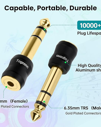 Togconn 1/4 Inch to 1/8 Inch Adapter 4 Pack, 6.35mm Quarter Inch TRS Stereo Male to 3.5mm Female Jack Plug Gold-Plated Pure Copper Audio Converter Connector Premium Quality Series