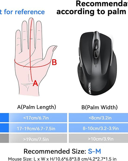 TECKNET Wireless Mouse (BT5.0/3.0 & 2.4G) Rechargeable 4800 DPI Silent USB A & Bluetooth Mouse 6 Buttons, Wide Compatibility - Black