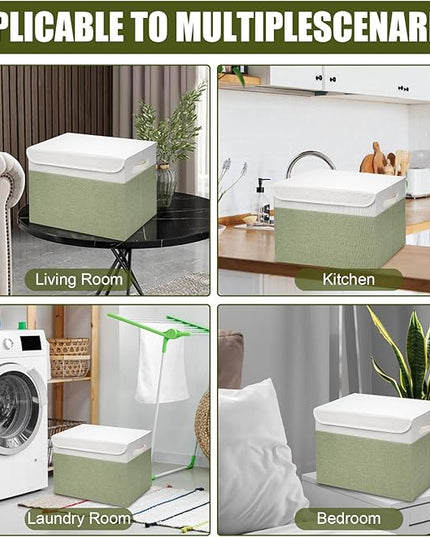 Large 17" 42 Quarts Collapsible Stackable Storage Bins with Lids [3-Pack] Foldable Fabric Linen Storage Boxes Cube, Closet Organizer Baskets with Label for Home (16.7 x 12 x 12", Green & White)