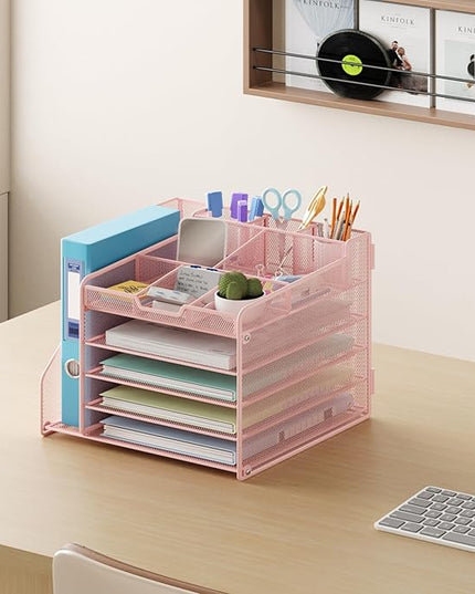 Lavatino Desk Organizer, 5-Tier Metal Mesh Paper Letter Tray with File Holder & 7 Flexible Dividers for Office or Home Desk Organizers and Accessories, Keep Workspace Supplies Neat & Organized, Pink