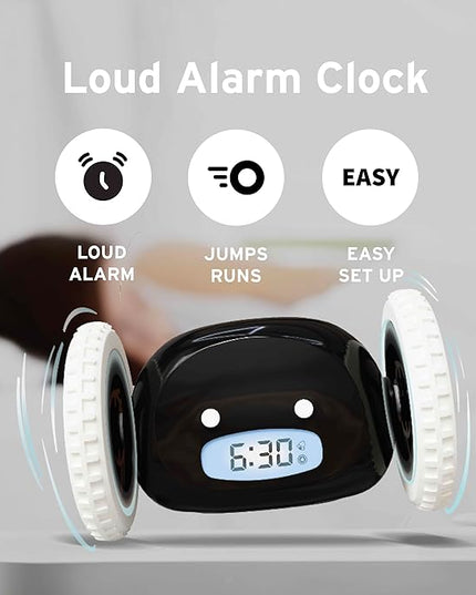 CLOCKY Extra Loud Alarm Clock for Heavy Sleepers on Wheels Rolls Runs Away Vibrating, Easy to Set Super Smart Snooze Digital Bed Shaker Alarm Clock Funny Gift for Adults Kids Teens Bedrooms (Black)