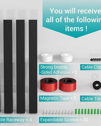 Cable Hider Raceway Kit, Magnetic Cable Management Under Desk with Upgraded Aesthetic Large Hole, Cord Organizer Kit for Hiding Computer, Gaming Desk, Network, Power Cord, TV - 4PCS 4x15.7in Black