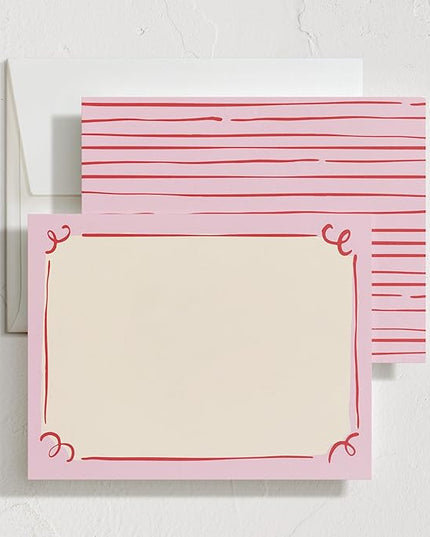 Minted Curly Corners Stationery Set, Set of 10, Flat Note Cards & Envelopes for Invitiations and Handwritten Thank You Messages, Pink Hand-Drawn Frame Design, Gifts for Women, Luxurious Paper