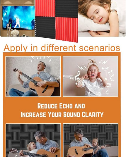 Acoustic Foams Panels 48 Pack 1" x 12"x 12" Sound Proof Foam Panels for Walls High Density and Fire Resistant Soundproofing Panels Soundproof Studio Wedges Sound Dampening Panels Black Red