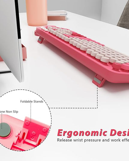 Wireless Keyboard,KOOTOP Cute Colorful 104 Keys Typewriter Retro Round Keycaps Keyboard for PC Laptop,Desktop,Windows, Home and Office Keyboards(Pink)