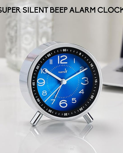 FLOITTUY Super Silent Metal Alarm Clock,Beep Wake Round Alarm Clock with Strip Night Light,Battery Operated,Easy Set,Simple & Retro for Desk, Bedroom and Home Decoration(Royal Blue)