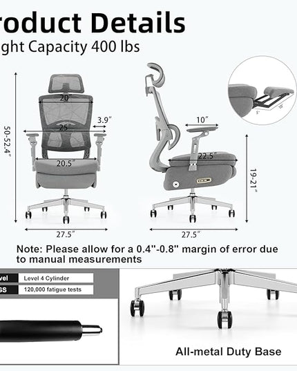 Dual-Motor Home Office Chair with Lumber Support, Reclining Mesh Chair with Footrest, 3D Headrest & 6D Armrests, Reclining Big and Tall 400LBS,Adjustable Back High (Modern, Gray)