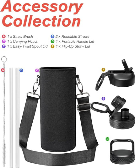 Coolflask Water Bottle 40 oz Insulated with Straw, Stainless Steel Metal 3 Lids Water Flask for Sports or Office, Keep Cold 48H Hot 24H, Indigo Blue