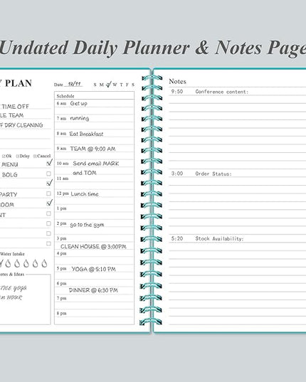 Daily Planner Undated - A5 To Do List Notebook Hourly Schedules, Spiral Appointment Planner for Women and Men, PVC Hardcover, Inner Pocket, Elastic Closure, 5.8" x 8.3", Teal